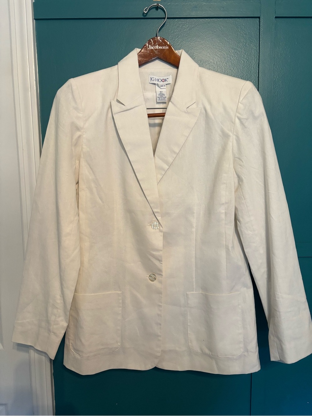 J. G. Hook White Single-Breasted Cotton Linen-Blend Blazer Size 10T